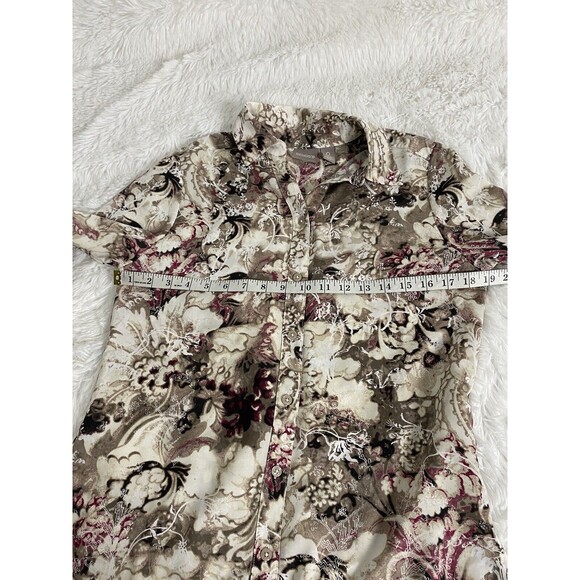 Chicos Beige Satin Print Shirt Size 0 Long Sleeve Button Down Artsy Top Flowers - Picture 9 of 14